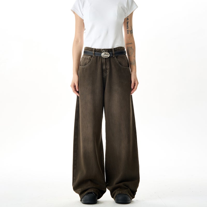 American Style High Street Vintage Wash And Dye Brown Jeans Men'S And Women'S Cleanfit Loose Straight Wide Leg Draping Pants - Image 3